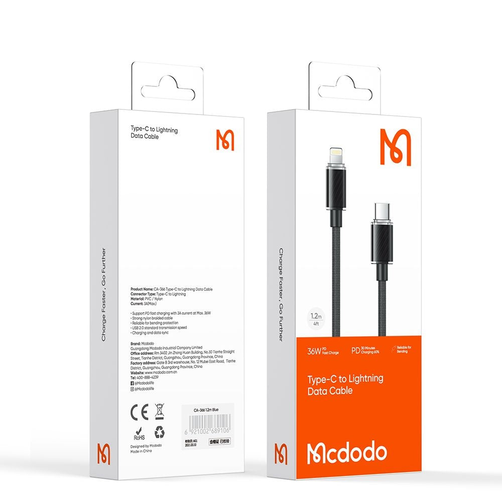 Καλώδιο Δεδομένων και Φόρτισης USB-C - Lightning McDodo CA-3660, 36W, 1.2m, Μαύρο