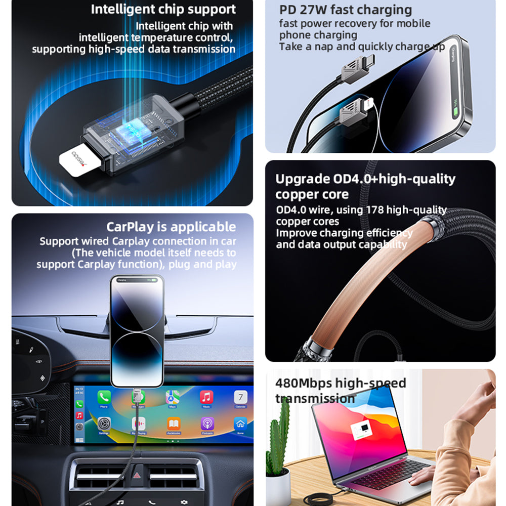 Καλώδιο Δεδομένων και Φόρτισης USB-C - Lightning Yesido CA195, 27W, 1.2m, Μαύρο
