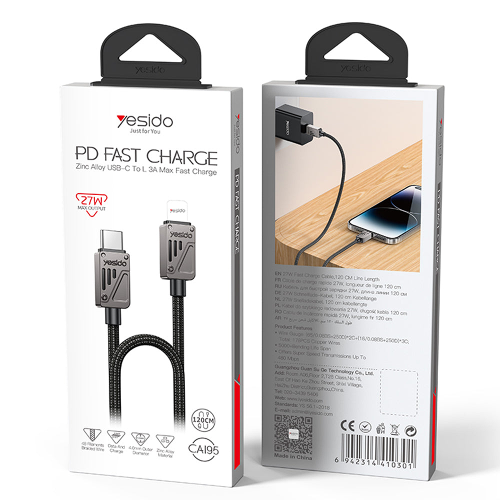 Καλώδιο Δεδομένων και Φόρτισης USB-C - Lightning Yesido CA195, 27W, 1.2m, Μαύρο