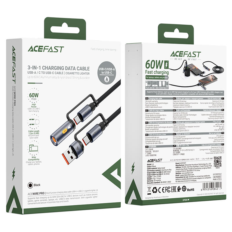 Καλώδιο Δεδομένων και Φόρτισης USB-C / USB-A - USB-C / Ηλεκτρικό Αναπτήρα Acefast J6, 60W, 1.2m, Μαύρο