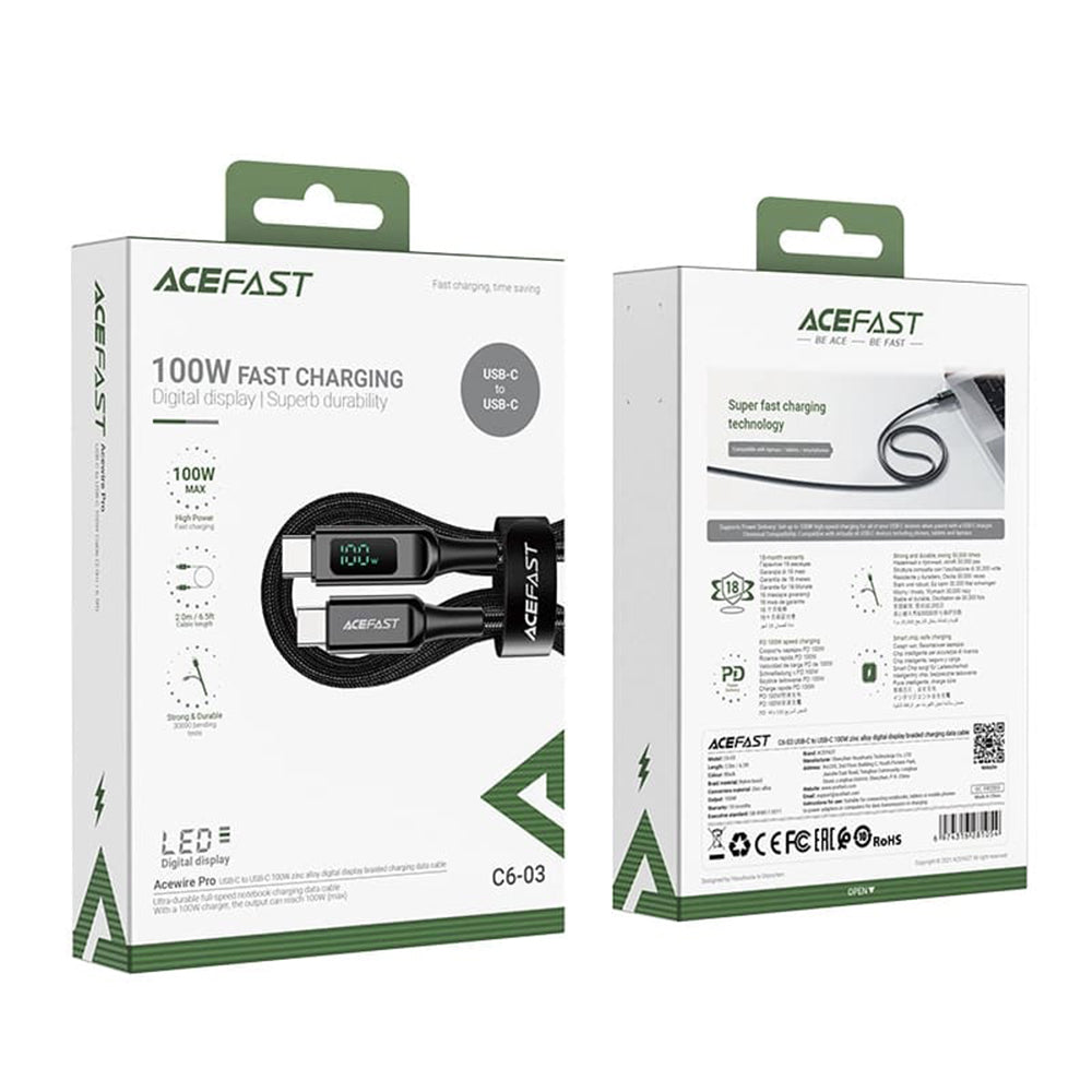 Καλώδιο Δεδομένων και Φόρτισης USB-C - USB-C Acefast C6-03 Display, 100W, 2m, Μαύρο