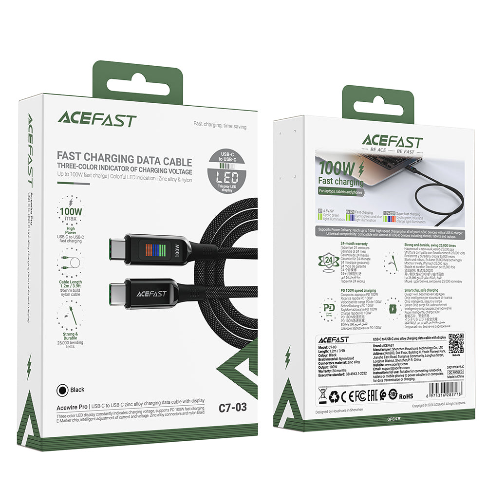 Καλώδιο Δεδομένων και Φόρτισης USB-C - USB-C Acefast C7-03, 100W, 1.2m, Μαύρο