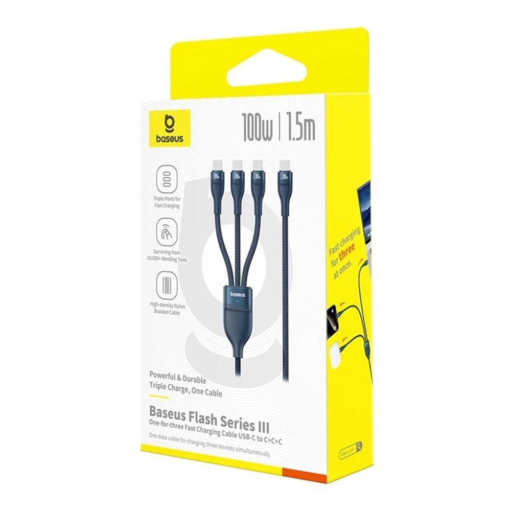 Καλώδιο Φόρτισης USB-C - 3 x USB-C Baseus Flash Series III 3in1, 100W, 1.5m, Μπλε P10377503321-00