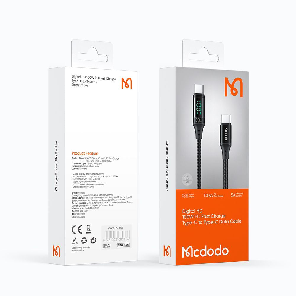 Καλώδιο Δεδομένων και Φόρτισης USB-C - USB-C McDodo CA-1100 Display, 100W, 1.2m, Μαύρο