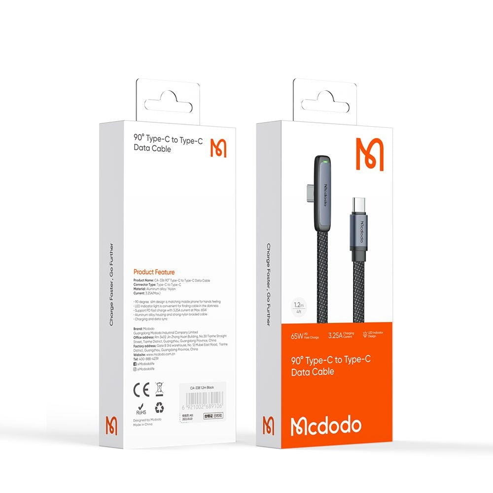 Καλώδιο Δεδομένων και Φόρτισης USB-C - USB-C McDodo CA-3360 Angled, 65W, 1.2m, Μαύρο