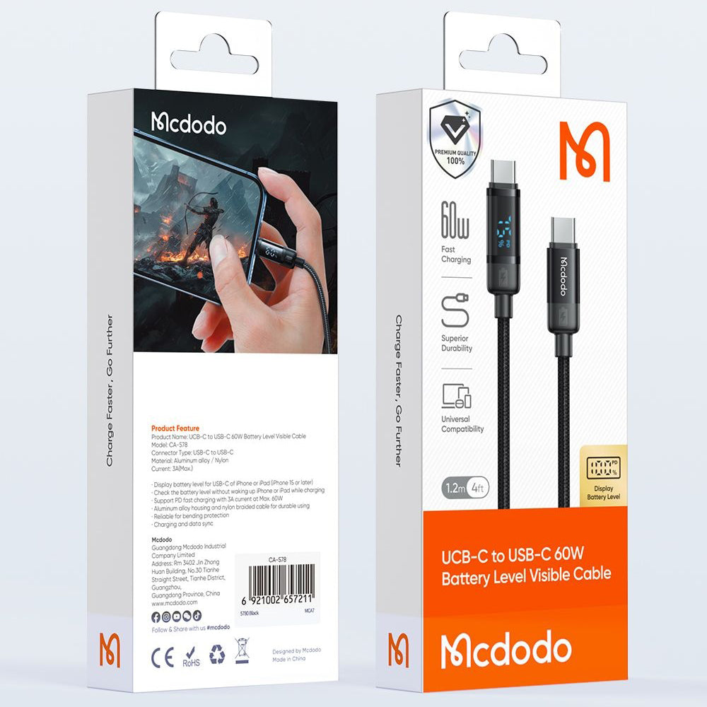 Καλώδιο Δεδομένων και Φόρτισης USB-C - USB-C McDodo CA-5780 Bat Display, 60W, 1.2m, Μαύρο