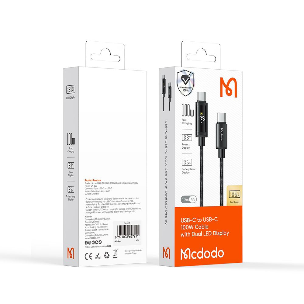 Καλώδιο Δεδομένων και Φόρτισης USB-C - USB-C McDodo CA-8000 Display, 100W, 1.2m, Μαύρο