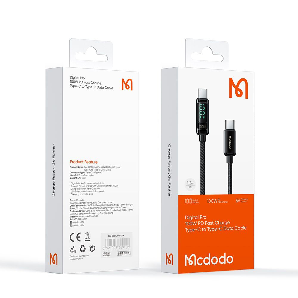 Καλώδιο Δεδομένων και Φόρτισης USB-C - USB-C McDodo CA-8820 Display, 100W, 1.2m, Μαύρο
