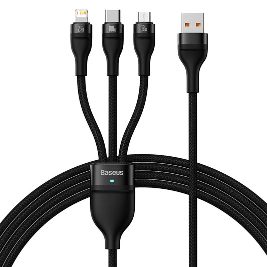 Καλώδιο Φόρτισης USB-A - Lightning / microUSB / USB-C Baseus Flash Series II 3σε1, 66W, 1.2m, Μαύρο CASS040001