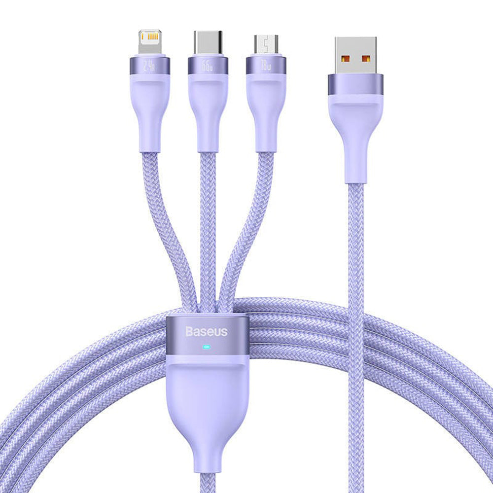Καλώδιο Φόρτισης USB-A - Lightning / microUSB / USB-C Baseus Flash Series II 3σε1, 66W, 1.2m, Μωβ CASS040005