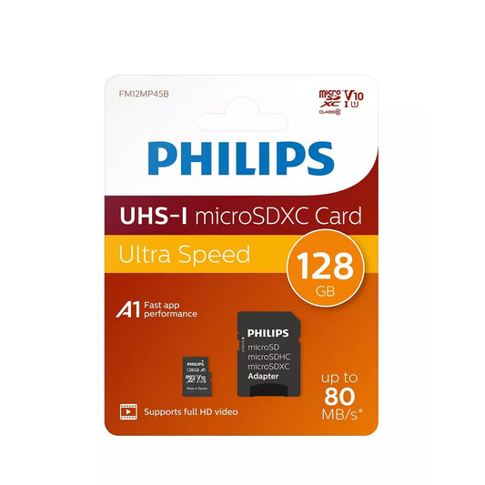 Κάρτα Μνήμης microSDXC Philips, 128Gb, Κλάση 10 / UHS-1 U1, Με Προσαρμογέα FM12MP45B/10