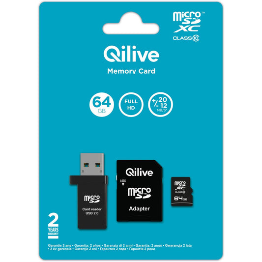 Κάρτα Μνήμης microSDXC Qilive, 64Gb, Κλάση 10, Με Αναγνώστη Κάρτας και Προσαρμογέα EKMSDM64GXC10QL