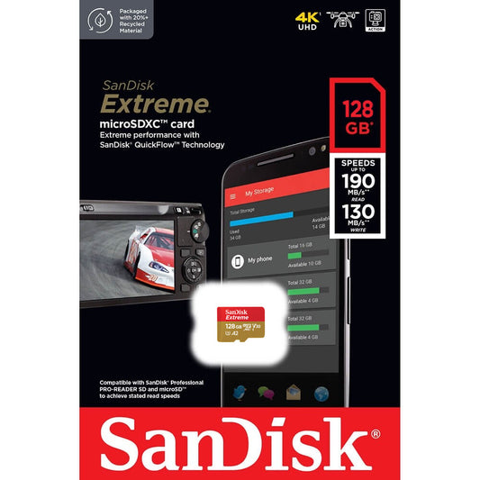 SanDisk Extreme microSDXC Memory Card, 128Gb, Class 10 / UHS-1 U3 SDSQXAA-128G-GN6MN