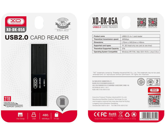 Αναγνώστης καρτών USB XO Design DK05A, SD - microSD, Μαύρο