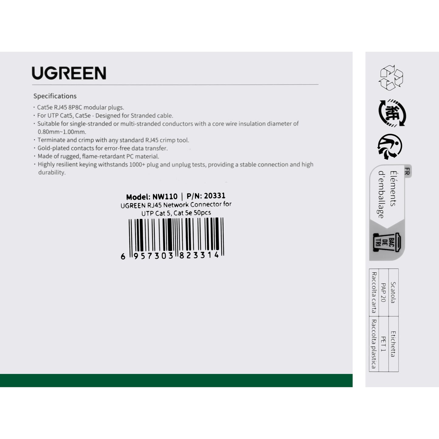 Σύνδεσμος δικτύου UGREEN NW110, RJ45, Cat5, σετ 50 τεμαχίων