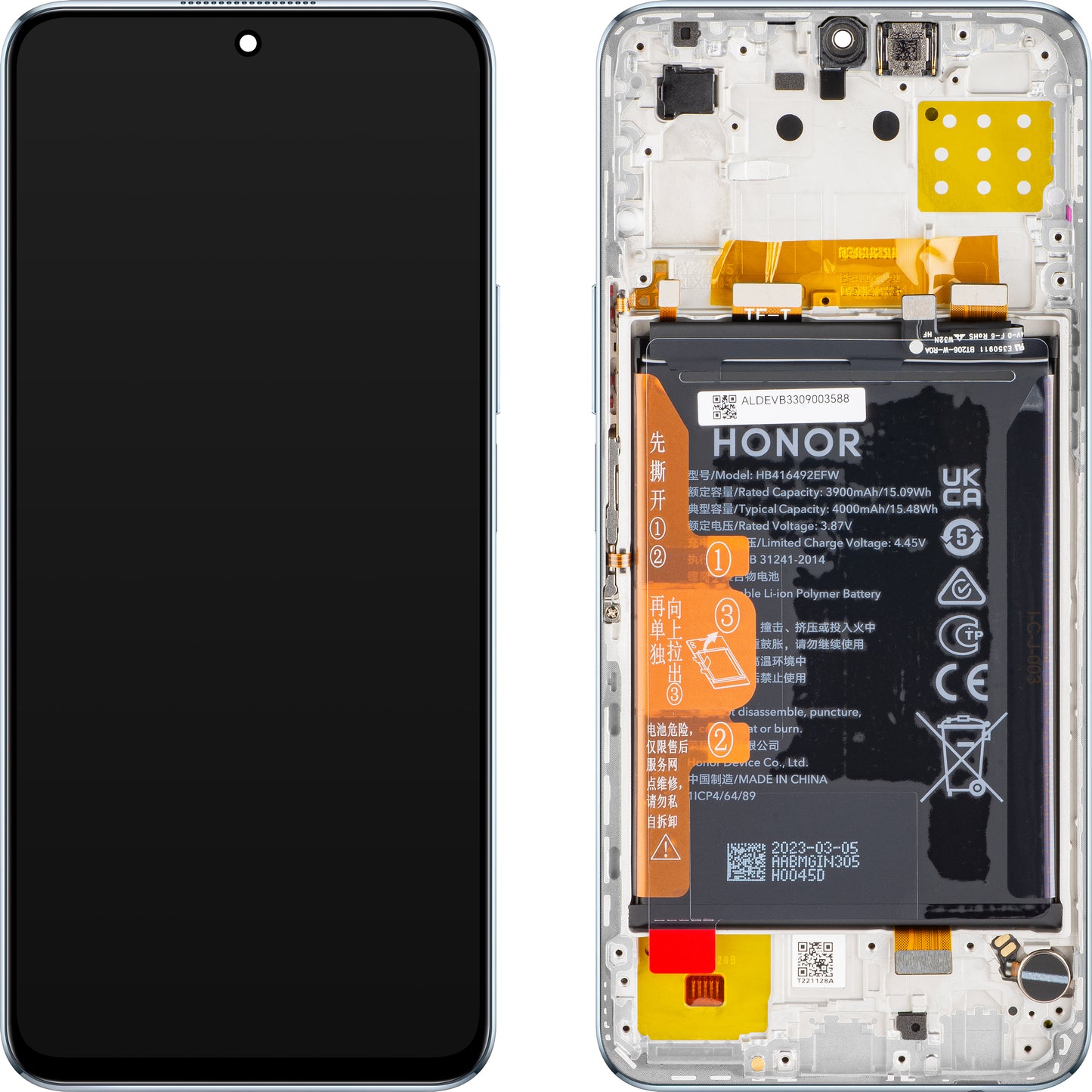 Display with Touchscreen Honor X8 4G, with Frame and Battery, Titanium Silver, Service Pack 0235ACDS