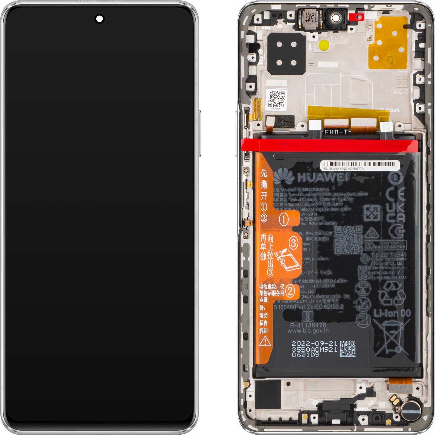 Οθόνη αφής Huawei nova 9 SE 4G, με πλαίσιο και μπαταρία, Pearl White, Service Pack 02354UWA