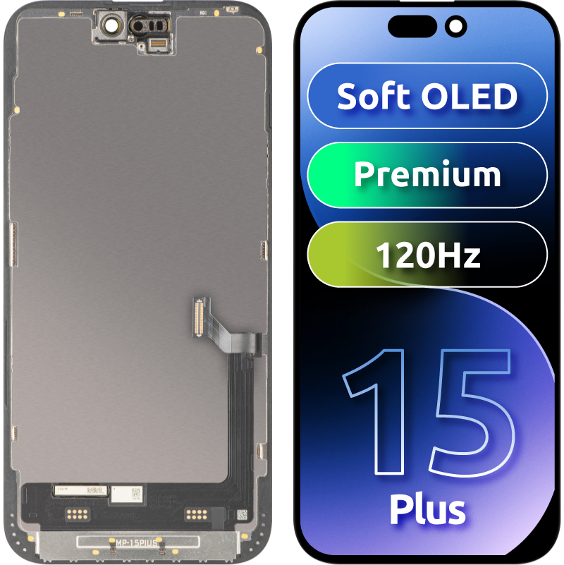 Οθόνη με Touchscreen MP συμβατή με Apple iPhone 15 Plus, με Πλαίσιο, Premium Έκδοση Soft OLED FHD 120Hz, Μαύρο