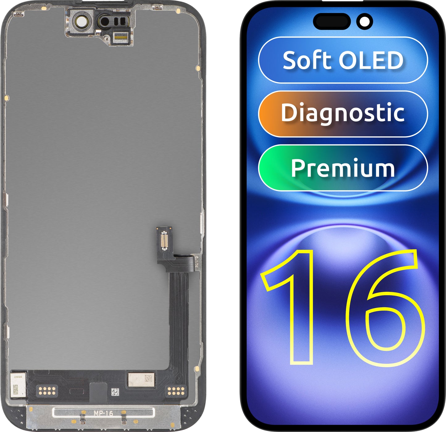 Οθόνη με Αφής MP συμβατή με Apple iPhone 16, με Πλαίσιο, Έκδοση Premium Soft OLED FHD Διαγνωστική, Μαύρο