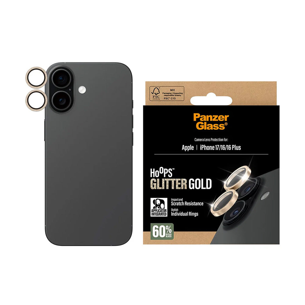 Προστατευτική Μεμβράνη Κάμερας Πίσω PanzerGlass Hoops Glitter για Apple iPhone 17 / 16 Plus / 16, Ενισχυμένο Γυαλί, Χρυσή