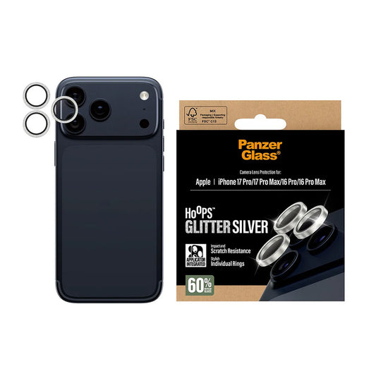 Προστατευτική Μεμβράνη Κάμερας Πίσω PanzerGlass Hoops Glitter για Apple iPhone 17 Pro Max / 17 Pro / 16 Pro Max / 16 Pro, Ενισχυμένο Γυαλί, Ασημί