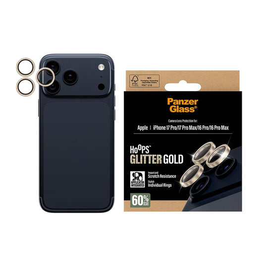 Προστατευτική Μεμβράνη Κάμερας Πίσω PanzerGlass Hoops Glitter για Apple iPhone 17 Pro Max / 17 Pro / 16 Pro Max / 16 Pro, Ενισχυμένο Γυαλί, Χρυσή