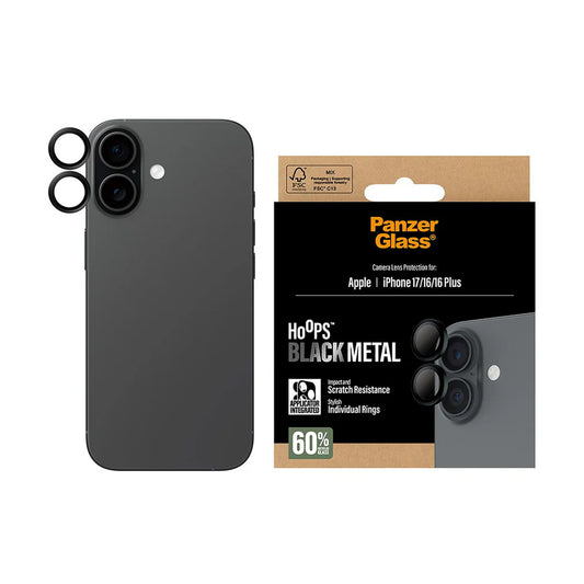 Προστατευτική Μεμβράνη Κάμερας Πίσω PanzerGlass Hoops για Apple iPhone 17 / 16 Plus / 16, Ενισχυμένο Γυαλί, Μαύρη