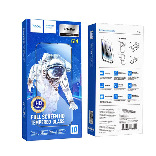 Προστατευτική Μεμβράνη Οθόνης HOCO για Apple iPhone 14 Pro, Ενισχυμένο Γυαλί, Πλήρης Κόλληση, Σετ 10 τεμαχίων, Μαύρη