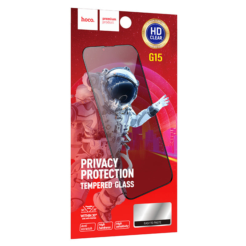 Προστατευτική Μεμβράνη Οθόνης Privacy HOCO G15 για Apple iPhone 16 Plus / 15 Plus, Ενισχυμένο Γυαλί, Πλήρης Κόλληση, 5D
