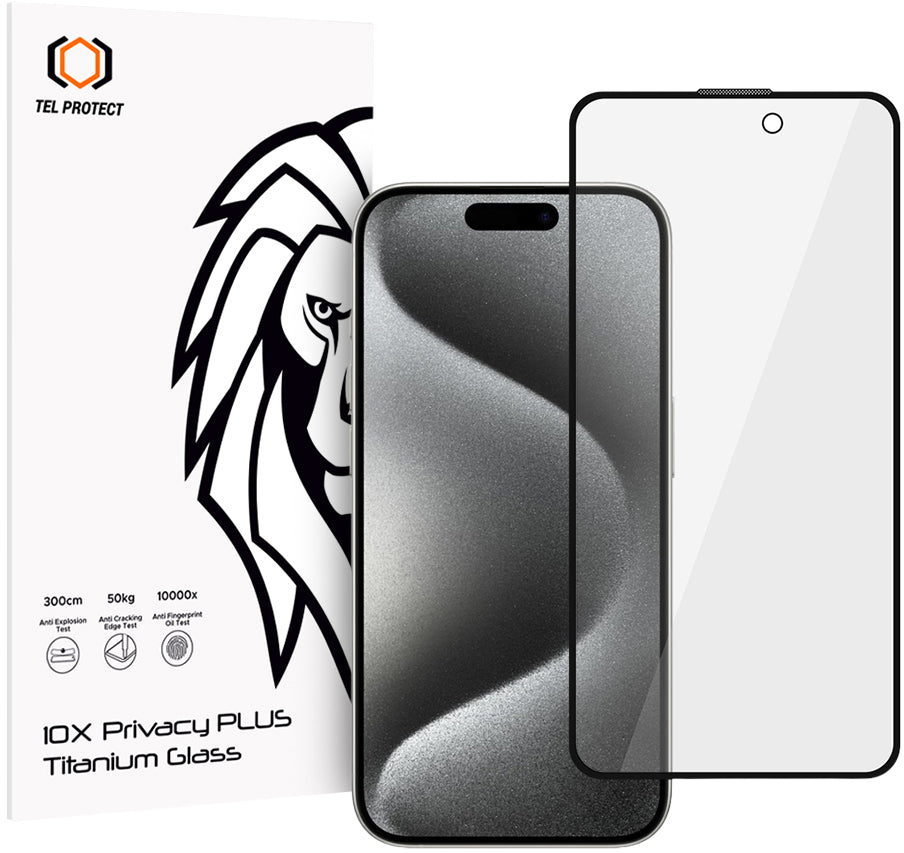 Προστατευτικό οθόνης Privacy Tel Protect 10X Plus Titanium για Apple iPhone 17 / 16 Pro, Σκληρυμένο Γυαλί, Full Glue