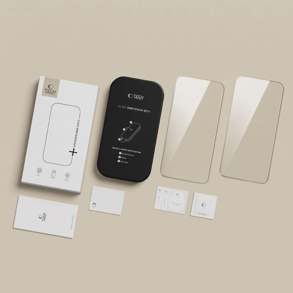 Προστατευτική μεμβράνη οθόνης Tech-Protect OneTouch για Apple iPhone 18 Pro / 17 Pro, Ασφαλισμένο γυαλί, Πλήρης κόλλα, Σετ 2 τεμαχίων, Διαφανές