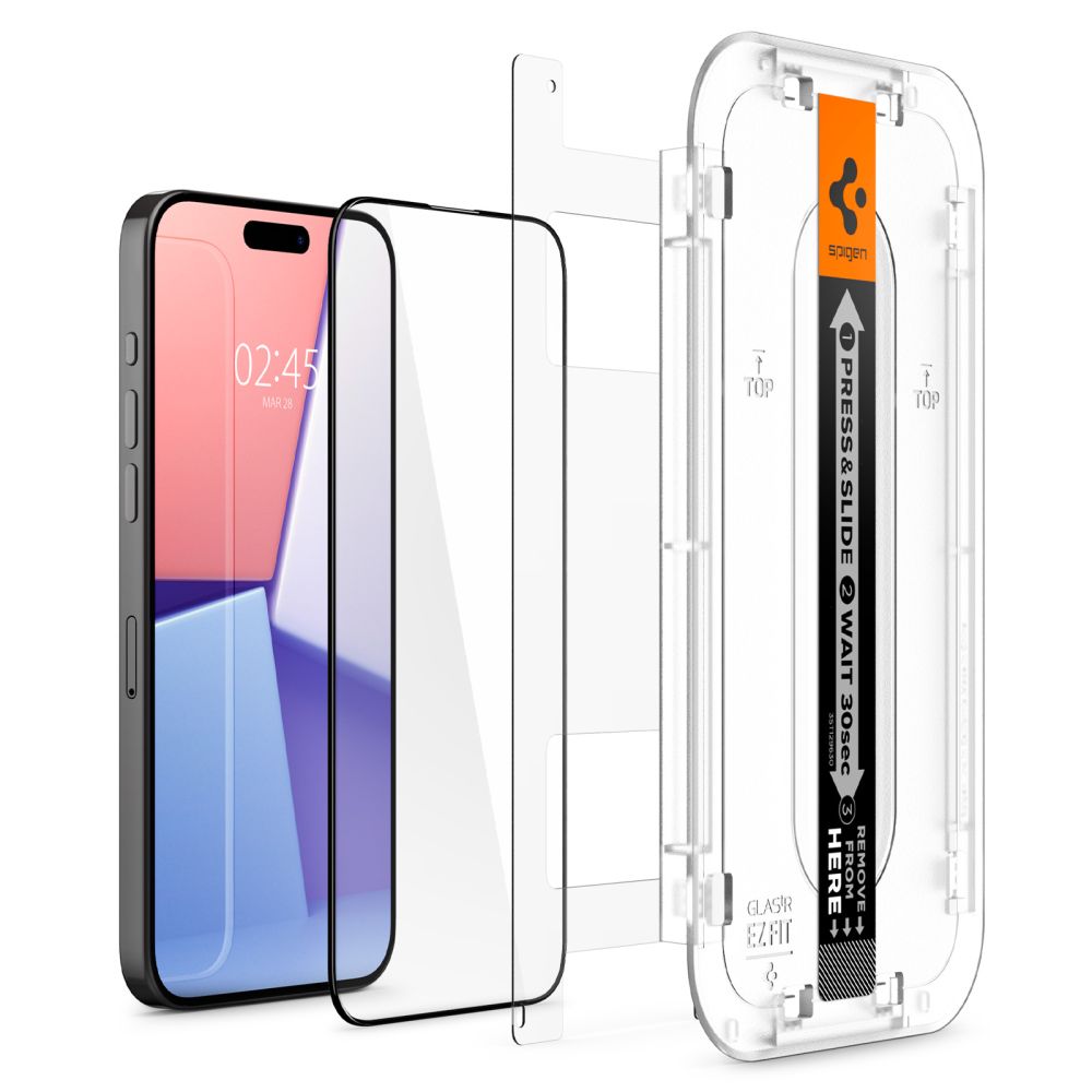 Προστατευτικό οθόνης Spigen EZ FIT για Apple iPhone 15, Θωρακισμένο γυαλί, Πλήρης κόλληση, 2.5D, Φιλικό προς θήκες, Μαύρο AGL06908 AGL06908
