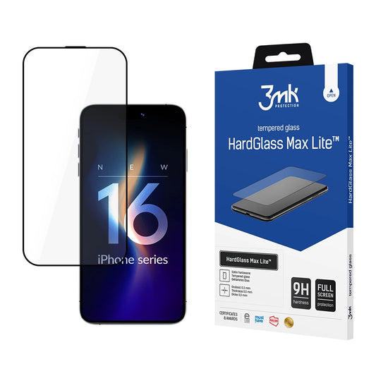 Προστατευτική Μεμβράνη Οθόνης 3MK HardGlass Max Lite για Apple iPhone 17 / 16 Pro, Ενισχυμένο Γυαλί, Full Glue, Μαύρη