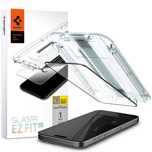 Προστατευτικό οθόνης Spigen EZ FIT για Apple iPhone 15 Pro Max, Θωρακισμένο γυαλί, Πλήρης κόλληση, 2.5D, Φιλικό προς θήκες, Μαύρο AGL06879 AGL06879