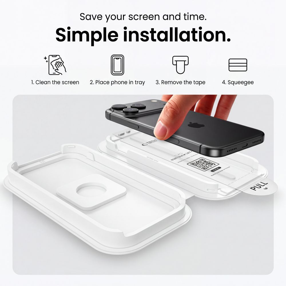 Προστατευτική μεμβράνη οθόνης Tech-Protect OneTouch για Apple iPhone 18 Pro / 17 Pro, Ασφαλισμένο γυαλί, Πλήρης κόλλα, Σετ 2 τεμαχίων, Διαφανές