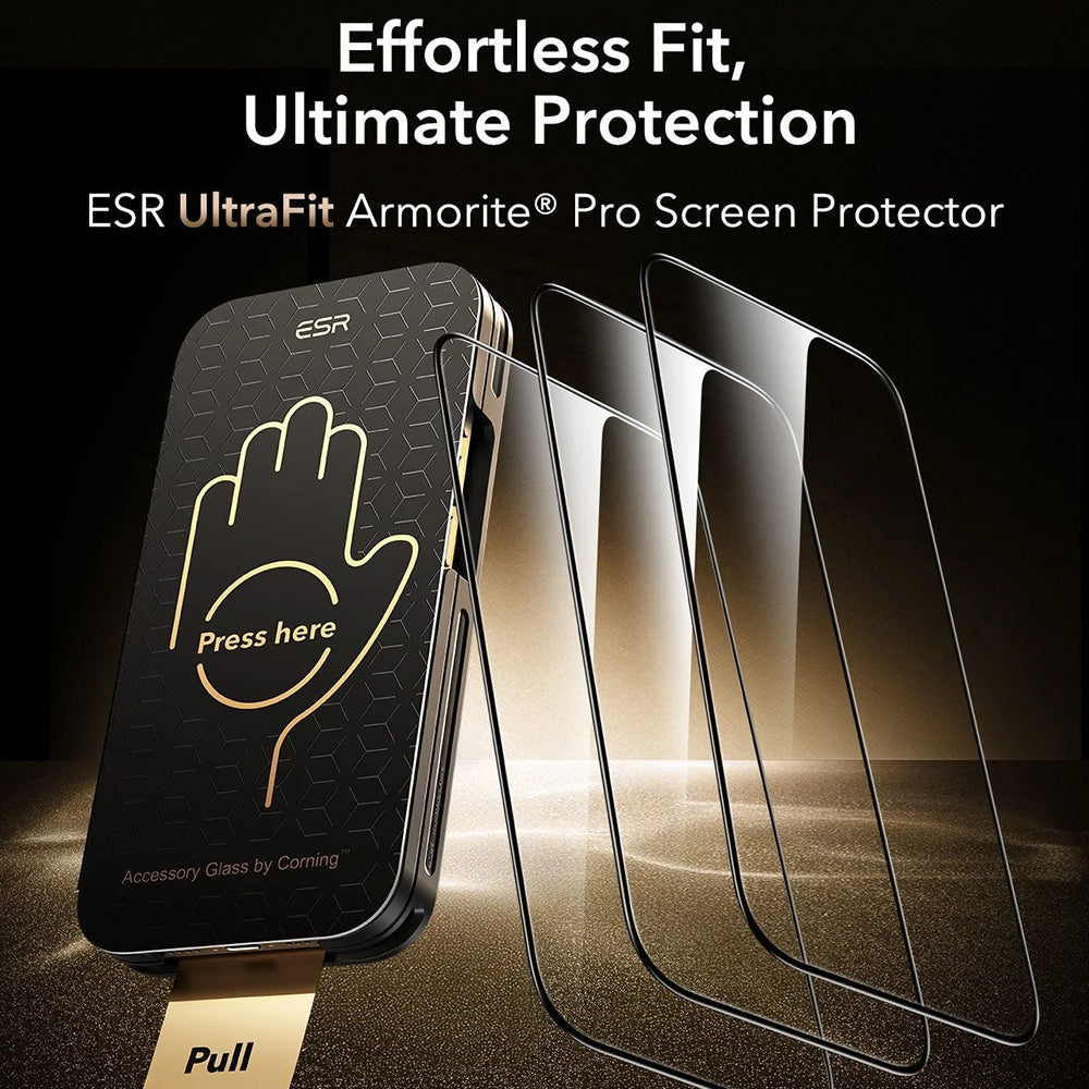 Προστατευτική Μεμβράνη Οθόνης ESR Corning UltraFit για Apple iPhone 17 / 16 Pro, Ενισχυμένο Γυαλί, Full Glue, Σετ 3 τεμαχίων, Μαύρη