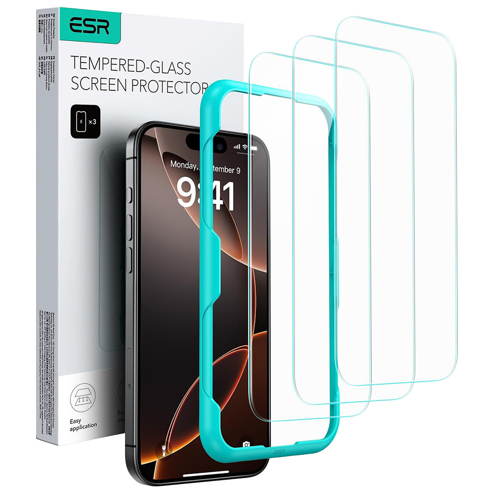 Προστατευτική Μεμβράνη Οθόνης ESR για Apple iPhone 17 / 16 Pro, Ενισχυμένο Γυαλί, Full Glue, Σετ 3 τεμαχίων, Μαύρη