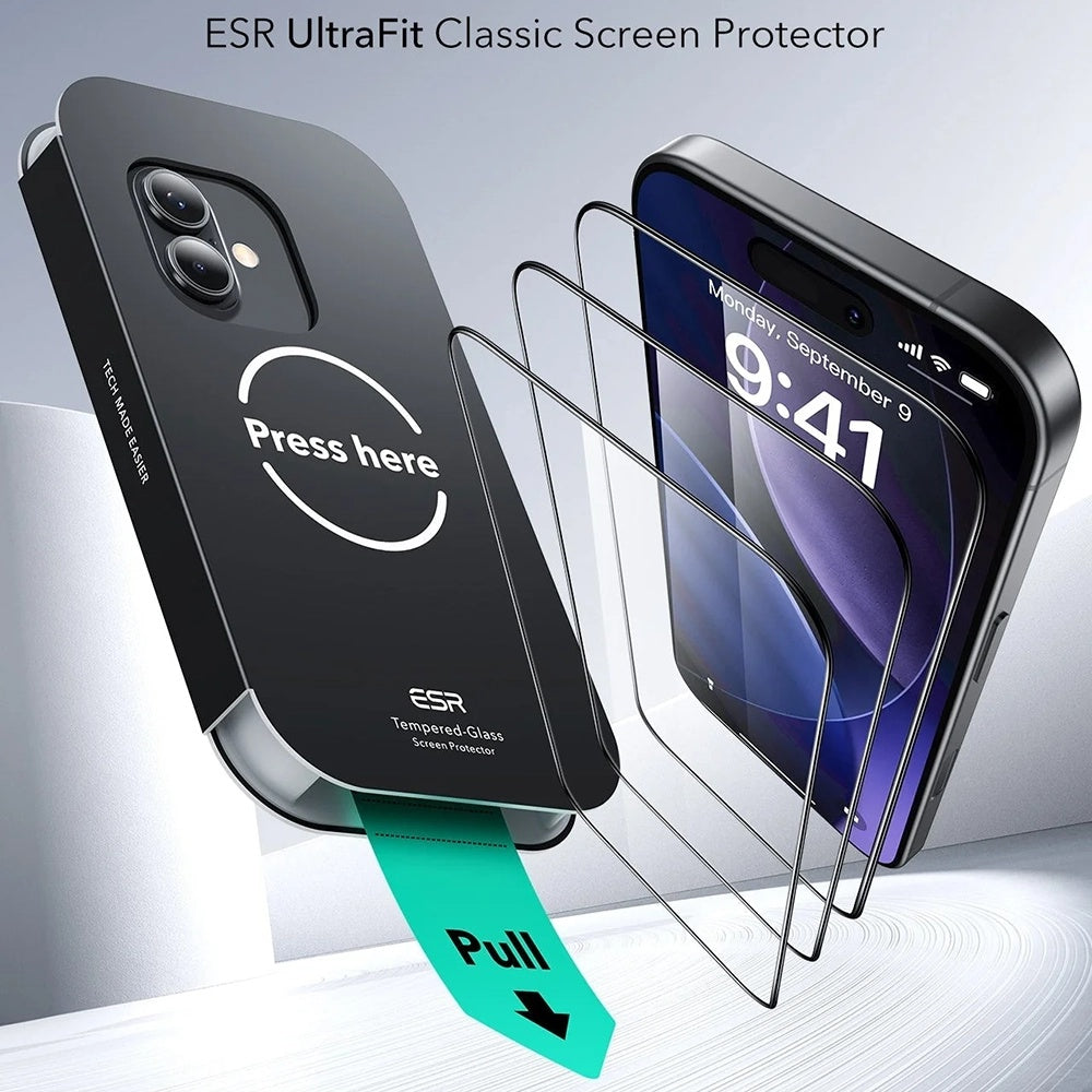 Προστατευτική Μεμβράνη Οθόνης ESR UltraFit για Apple iPhone 17 / 16 Pro, Ενισχυμένο Γυαλί, Full Glue, Σετ 3 τεμαχίων