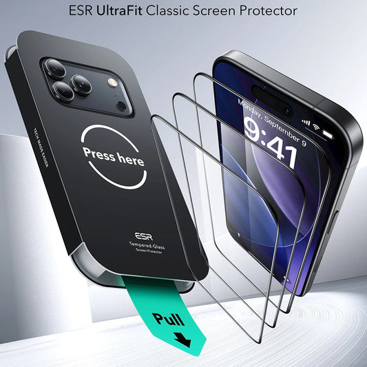 Προστατευτική μεμβράνη οθόνης ESR UltraFit για Apple iPhone 18 Pro / 17 Pro, Ασφαλισμένο γυαλί, Πλήρης κόλλα, Σετ 3 τεμαχίων, Μαύρο