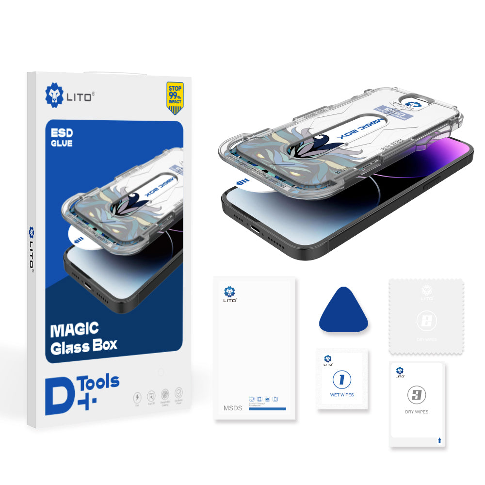 Προστατευτική μεμβράνη οθόνης Lito Magic Glass Box D+ Tools για Apple iPhone 16, Ασφαλισμένο γυαλί, Πλήρης κόλλα