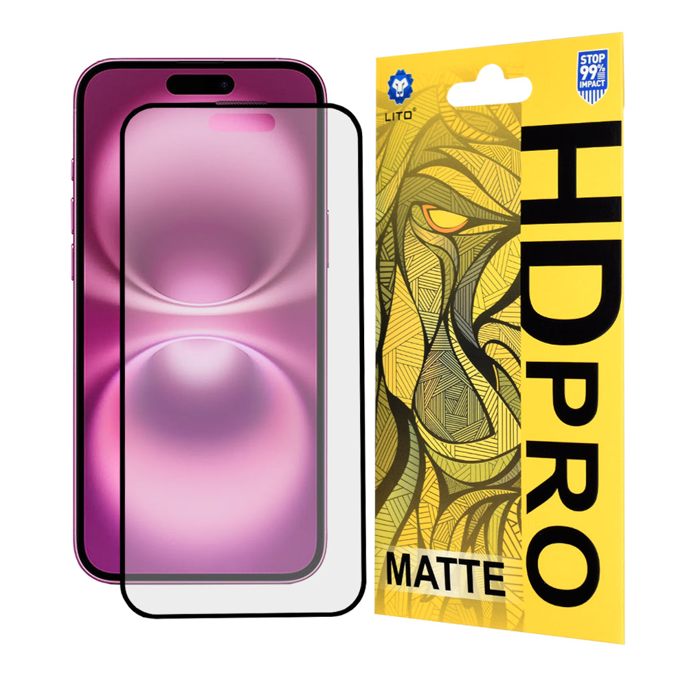 Προστατευτική μεμβράνη οθόνης Matte Lito HD Pro για Apple iPhone 16 Plus, Ασφαλισμένο γυαλί, Πλήρης κόλλα, Μαύρο