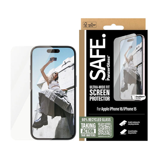 Προστατευτική Μεμβράνη Οθόνης PanzerGlass Safe. Ultra-Wide Fit για Apple iPhone 16 / 15, Ενισχυμένο Γυαλί, Full Glue