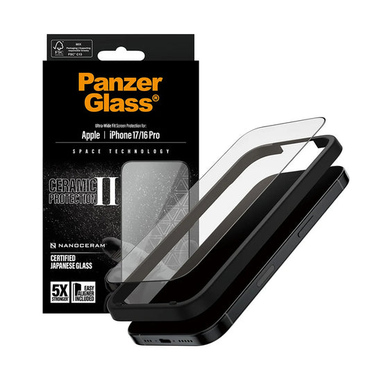 Προστατευτική Μεμβράνη Οθόνης PanzerGlass Ultra-Wide Ceramic II EasyAligner για Apple iPhone 17 / 16 Pro, Ενισχυμένο Γυαλί, Πλήρης Κόλληση, Μαύρη