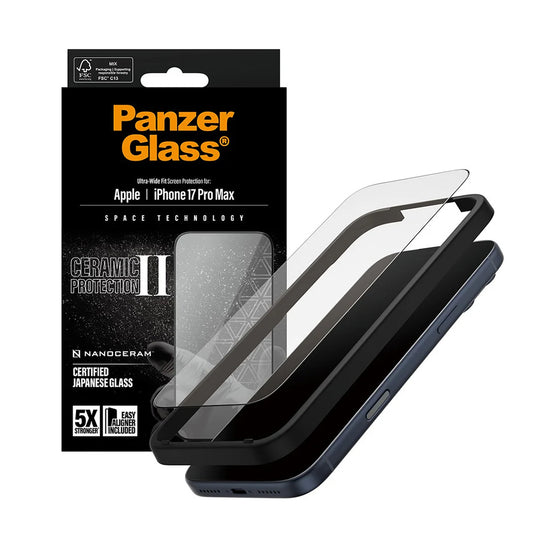 Προστατευτική Μεμβράνη Οθόνης PanzerGlass Ultra-Wide Ceramic II EasyAligner για Apple iPhone 17 Pro Max, Ενισχυμένο Γυαλί, Full Glue, Μαύρη