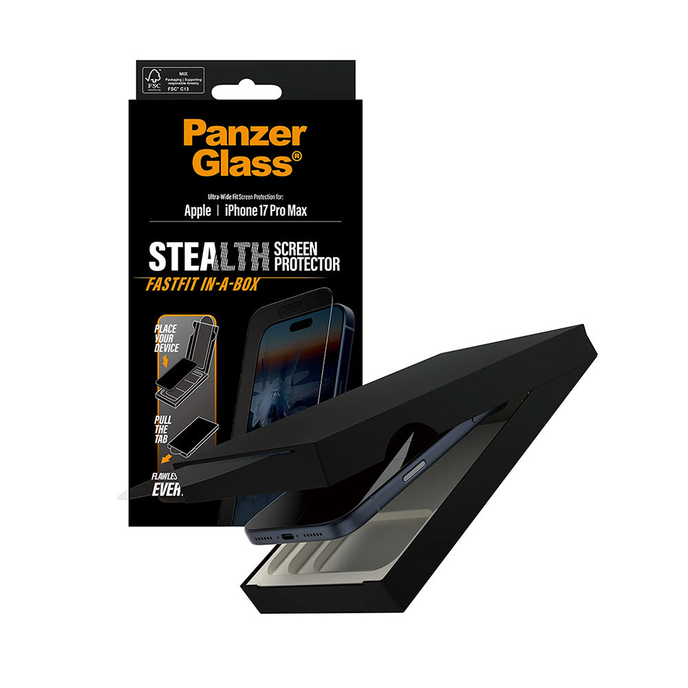Προστατευτική Μεμβράνη Οθόνης PanzerGlass Ultra-Wide Fit Stealth Fastfit για Apple iPhone 17 Pro Max, Ενισχυμένο Γυαλί, Full Glue, Μαύρη