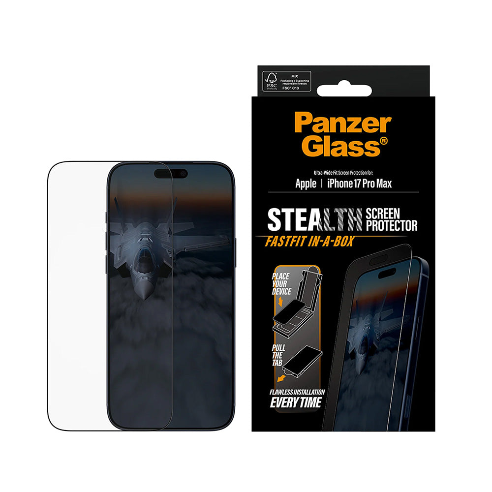 Προστατευτική Μεμβράνη Οθόνης PanzerGlass Ultra-Wide Fit Stealth Fastfit για Apple iPhone 17 Pro Max, Ενισχυμένο Γυαλί, Full Glue, Μαύρη