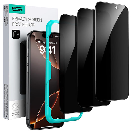 Προστατευτική Μεμβράνη Οθόνης Privacy ESR για Apple iPhone 17 / 16 Pro, Ενισχυμένο Γυαλί, Full Glue, Σετ 3 τεμαχίων