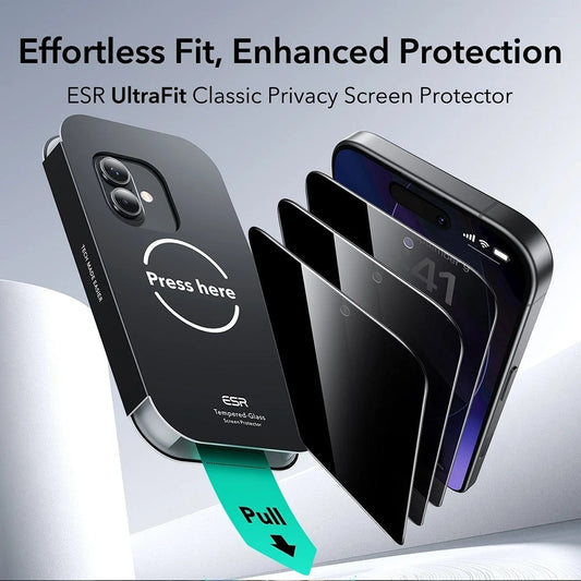 Προστατευτική Μεμβράνη Οθόνης Privacy ESR UltraFit για Apple iPhone 17 / 16 Pro, Ενισχυμένο Γυαλί, Full Glue, Σετ 3 τεμαχίων