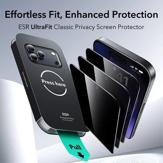 Προστατευτική Μεμβράνη Οθόνης Privacy ESR UltraFit για Apple iPhone 17 Pro, Ενισχυμένο Γυαλί, Full Glue, Σετ 3 τεμαχίων