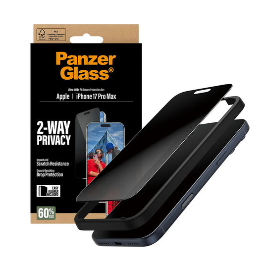 Προστατευτική Μεμβράνη Οθόνης Privacy PanzerGlass Ultra-Wide Fit 2-Way EasyAligner για Apple iPhone 17 Pro Max, Ενισχυμένο Γυαλί, Full Glue